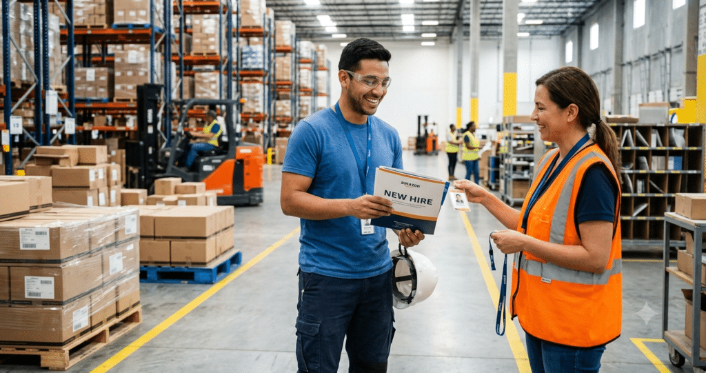 A smiling new warehouse employee wearing safety glasses receiving his ID badge and onboarding paperwork from a manager inside a modern, organized fulfillment center.